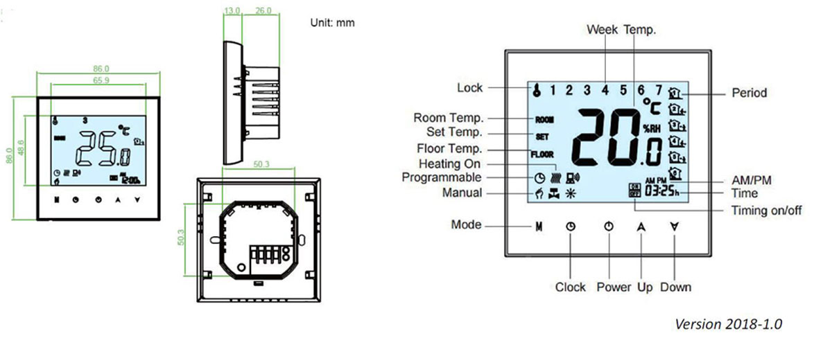 Dimensions-and-Display of smart wifi thermostat wf11