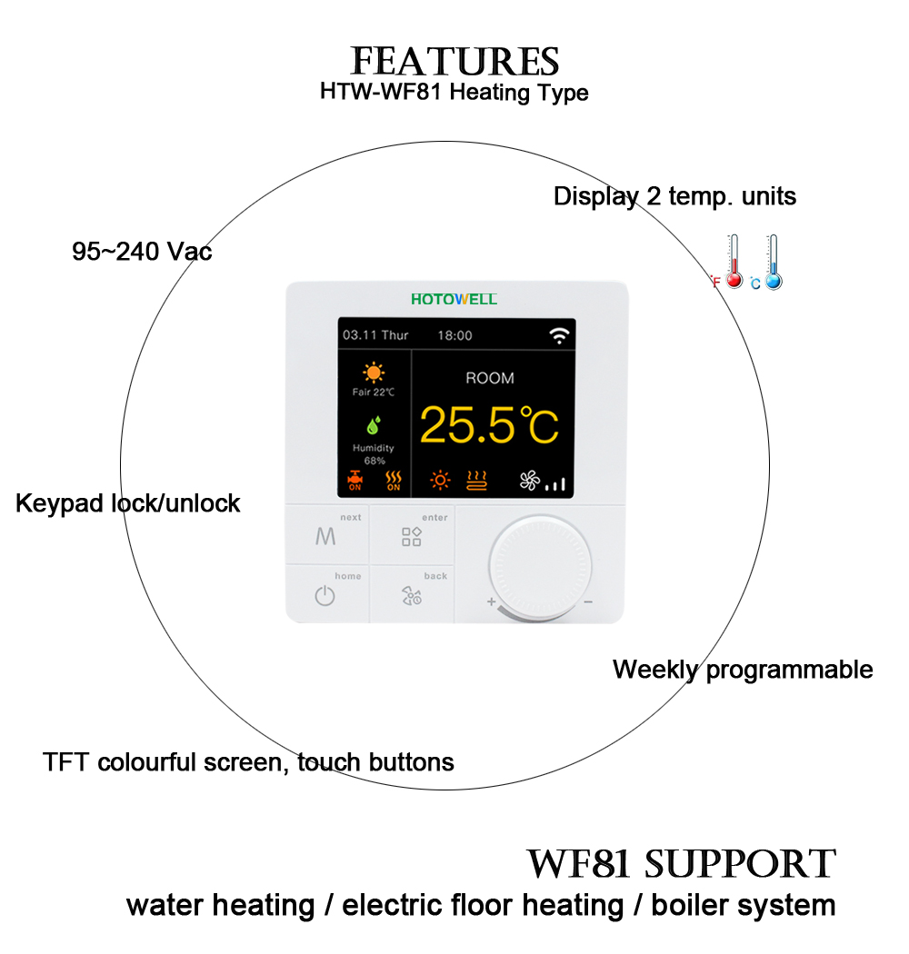 Touch Screen Programmable Smart Life 2 Pipe System Modbus Thermostat Htw-Wf81-853s